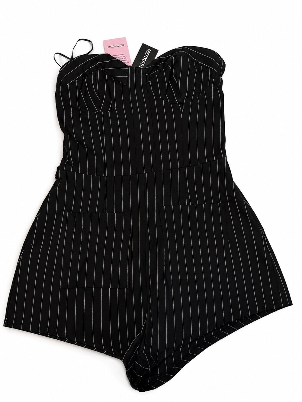 NWT PrettyLittleThing Petite Black Pinstripe Woven Bandeau Playsuit Size US 2